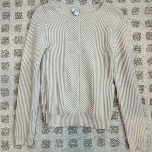Wool/Cashmere Cream Ribbed Crewneck Sweater with Side Zip